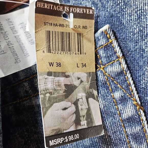 Heritage by America blue denim gold paint splatter NWT Denim Distillery 38X34 - Picture 8 of 11